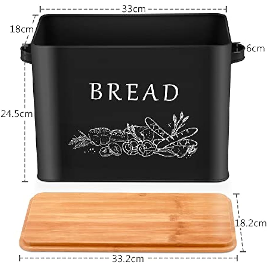 Herogo Bread Bin, Metal Bread Box with Wooden Lid for Cutting Loaf Board, Extra Large Loaf Holder Holds 2 Loaves, Space Saving Storage for Kitchen Countertop, 33x18x24.5cm (Black)