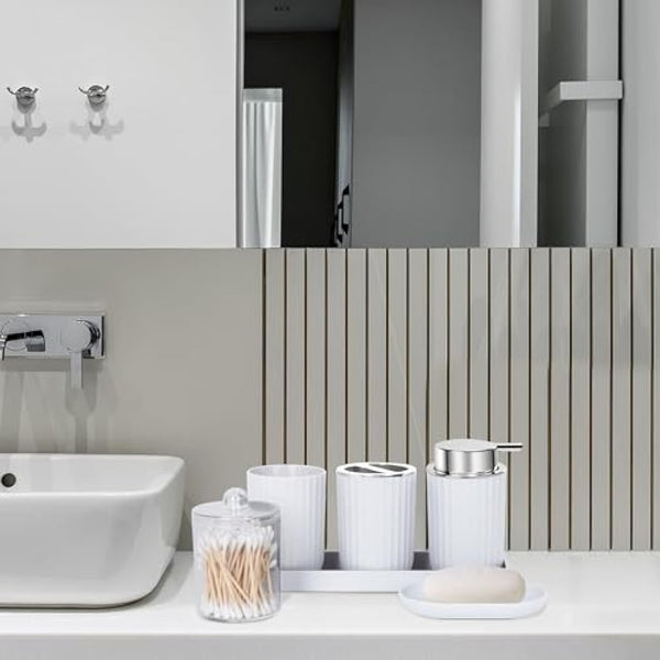 FEILANDUO Bathroom Accessories Sets Complete, 8 Pcs Bathroom Accessory Set with Trash Can, Soap Dispenser, Soap Dish, Toothbrush Holder, Toothbrush Cup, Toilet Brush and Qtip Holders,Vanity Tray White