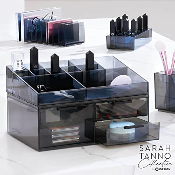 iDesign 13-Compartment Makeup Organiser from the Signature Series by Sarah Tanno, RPET Cosmetics Storage Unit, Makeup Brush Holder, Smoke/Matte Black, 30.48/20.32/7.47