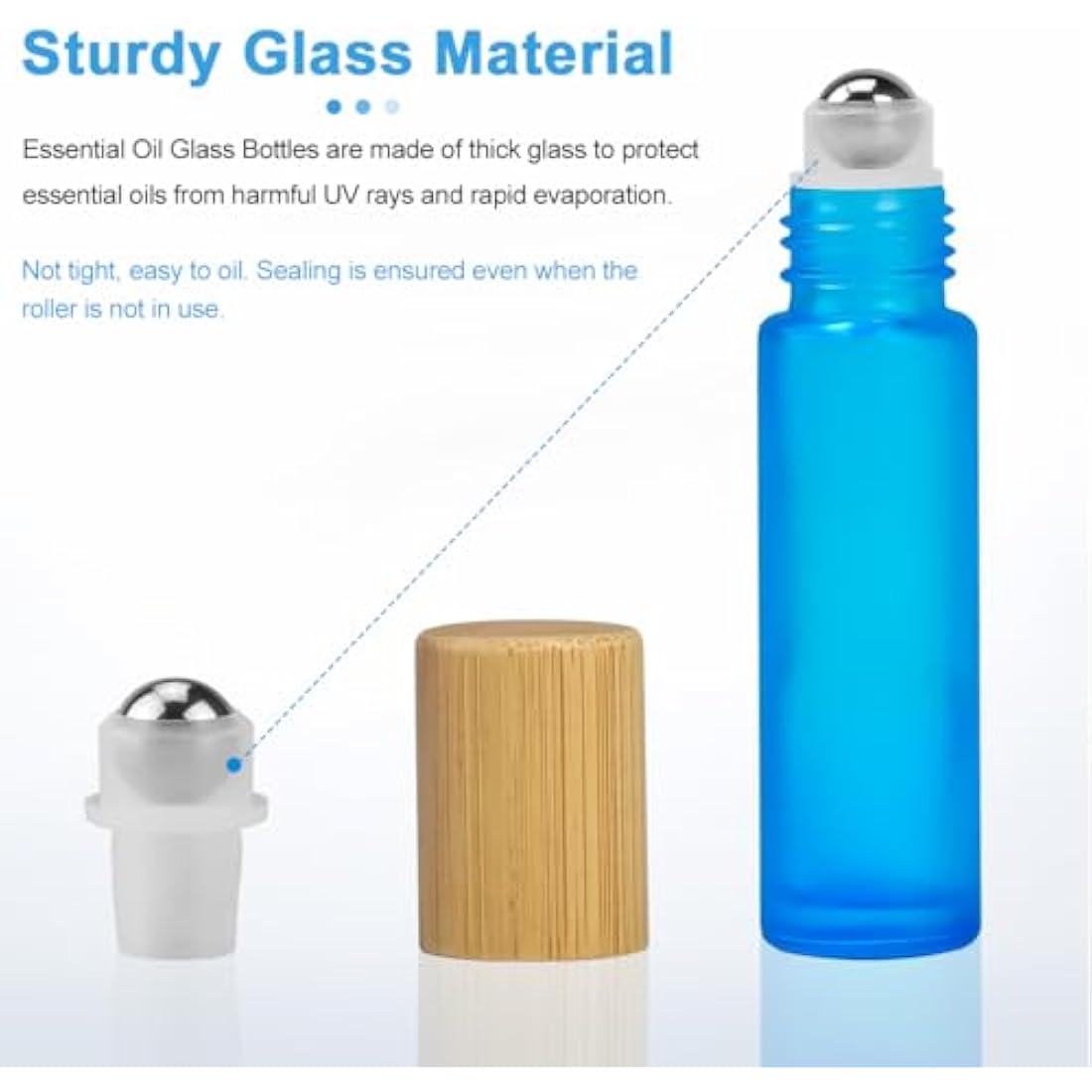Frosted Essential Oils Roller Bottles, 10pcs Refillable Empty Glass Bottles with Stainless Steel Balls and Bamboo Lid (Blue)
