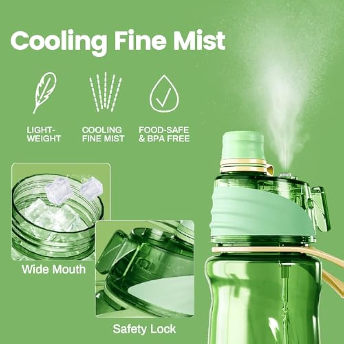 Healter 950ml Spray Water Bottles for Kids Water Bottle with Spray Mist Leakproof Misting Drinking Bottle for Cycling Hiking Climbing Outdoor Sport Hydration Cooling(Green)