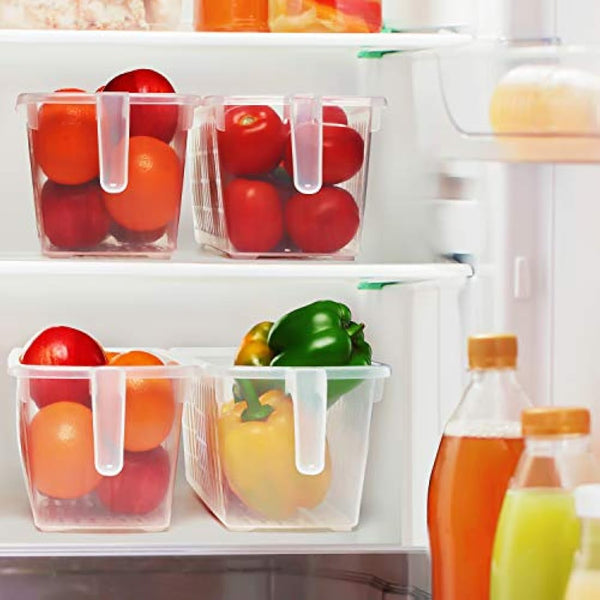 Kurtzy 4 Pack Kitchen Fridge & Cupboard Storage Containers with Handles - 32cm/12.6 Inches Overall Length - Clear Plastic Refrigerator Tubs for Bathroom, Pantry, Drawer, Freezer and Home