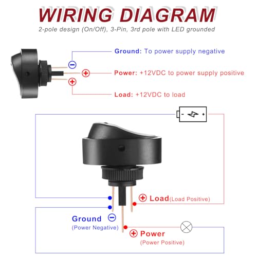 DAOKAI LED Lighted Rocker Switch 12V 30A SPST 3 Pin ON Off Toggle Switch Illuminated Red Lighted Oval Shaped Switch for Automotive Truck RV Boats - 5pcs
