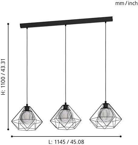 EGLO Vernham Pendant Light, 3-Bulb Pendant Lamp, Vintage, Industrial, Retro, Pendant Light Made of Steel and Smoked Glass, Black, Dining Table Lamp Hanging with E27 Socket