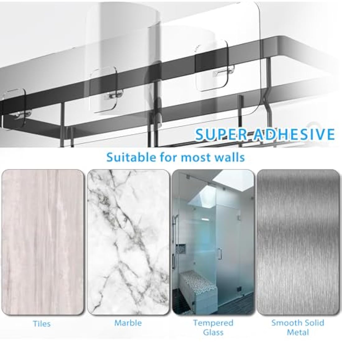 DIFULI Shower Caddy Shelf Organiser 4 Pack, No Drill Black Shower Shelves,Self Adhesive Bathroom Caddy,Shower Storage Accessories, Wall Mounted Shampoo Holder