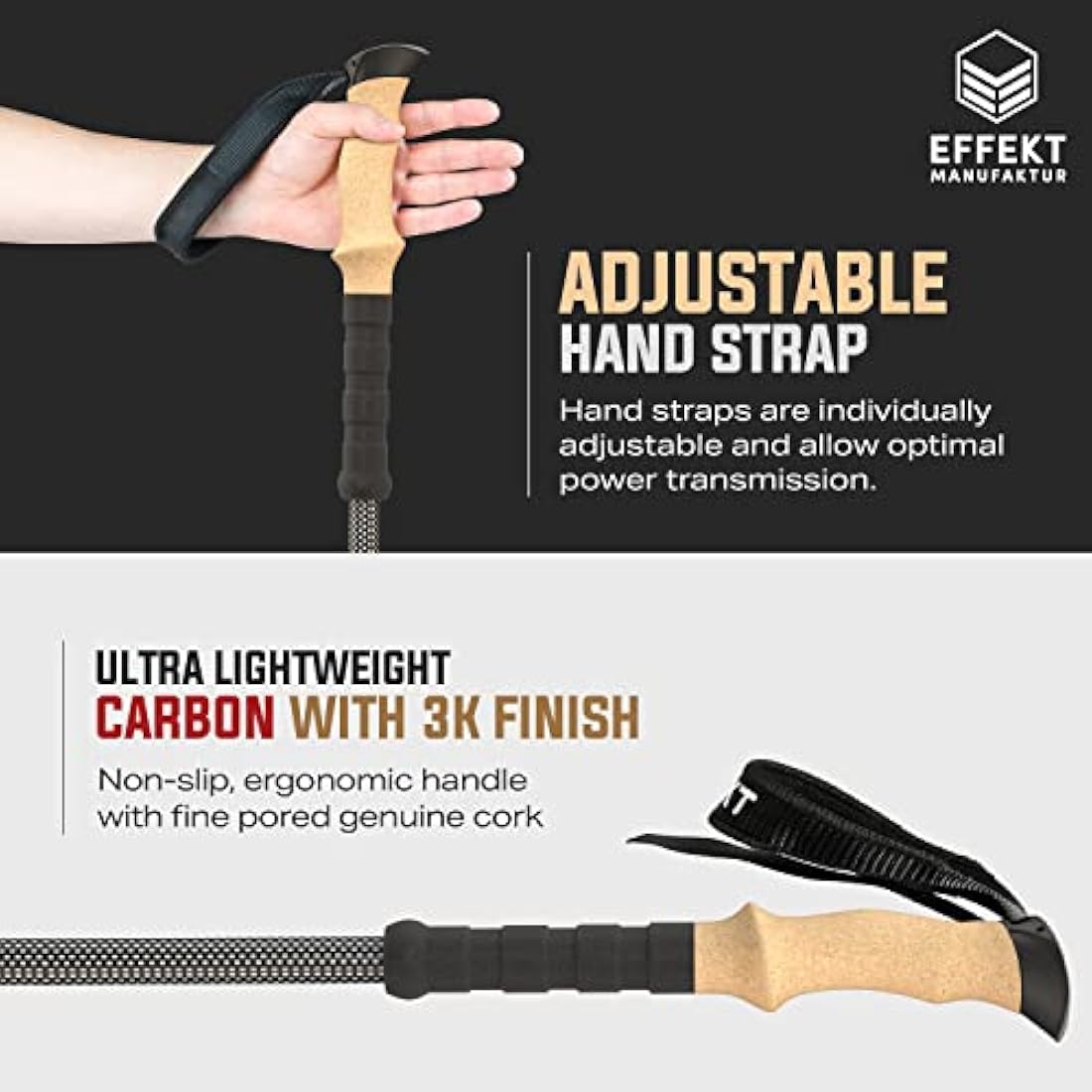Effekt Carbon Fibre Trekking Poles - Collapsible, Leightweight Hiking Sticks with Cork Handle - Adjustable, Telescopic and Portable Nordic Walking Canes