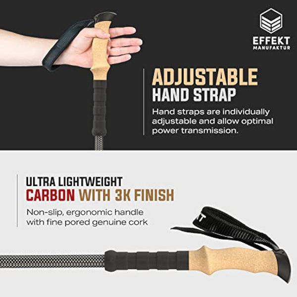 Effekt Carbon Fibre Trekking Poles - Collapsible, Leightweight Hiking Sticks with Cork Handle - Adjustable, Telescopic and Portable Nordic Walking Canes