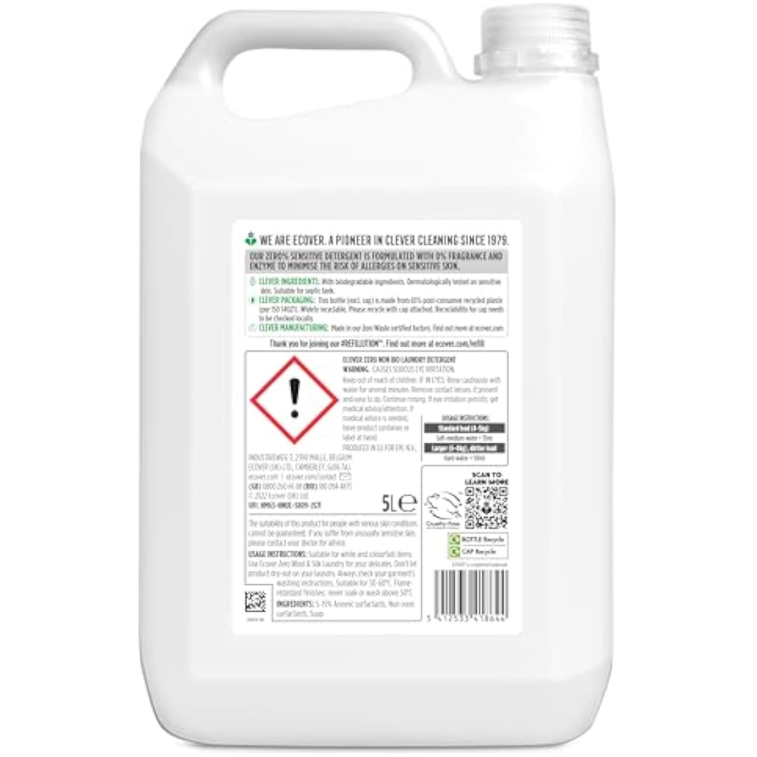 Ecover Zero Non-Bio Laundry Detergent Refill, For Sensitive Skin, Baby Laundry Washing Liquid, 142 Washes, 5L