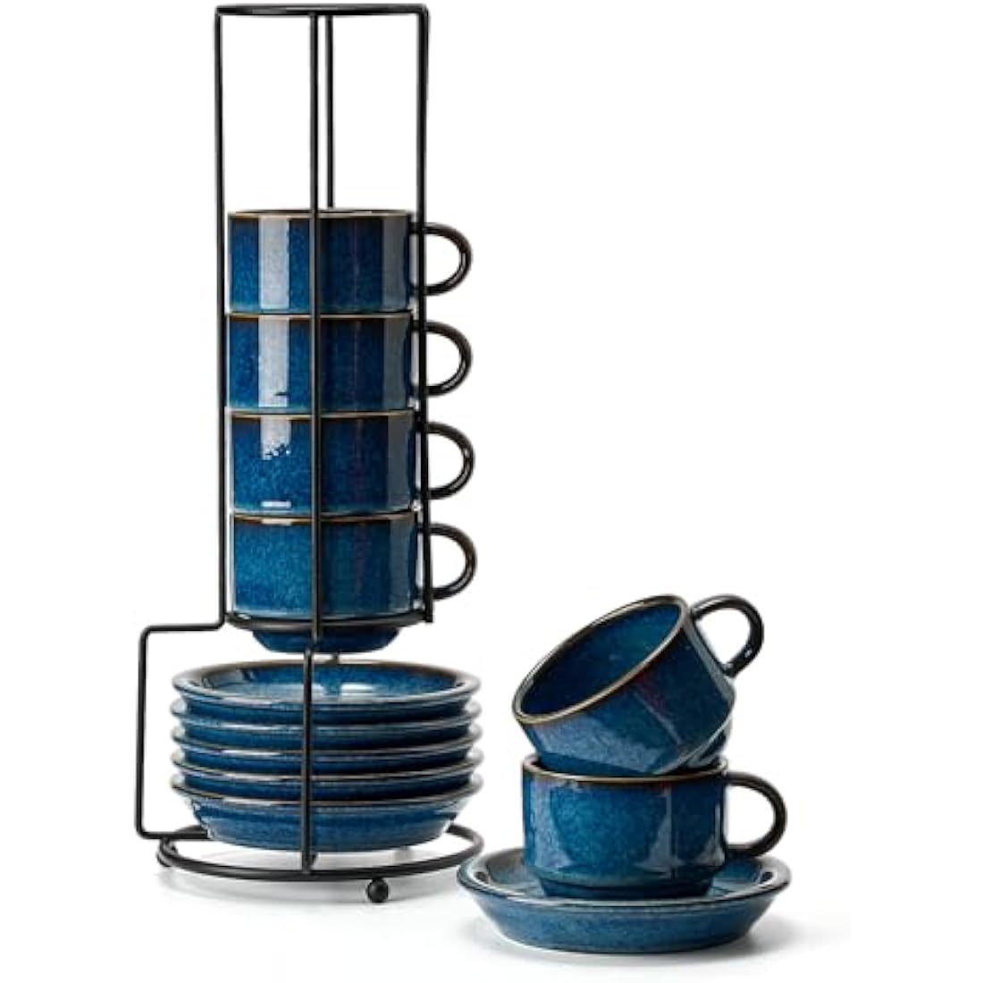 HOME DECOR Cappuccino Cups Set - Reactive Glaze Process - 6 x 140 ml Coffee Cups with Saucer & Stand - Elegant Ceramic Cups for Espresso, Cappuccino and Latte - Reactive Glaze Blue