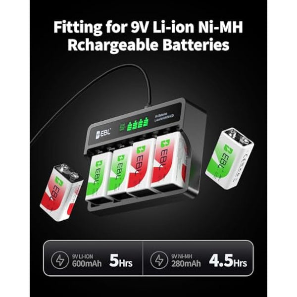 EBL 9 Volt 600mAh Rechargeable Batteries Li-ion Batteries with Smart LCD 9V Battery Charger for 9V Lithium-ion/Ni-MH/Ni-CD Rechargeable Batteries