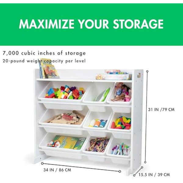 Humble Crew Cambridge Large Wooden Toy Shelf Storage Organiser for Children, with 9 BPA Free Plastic Removeable Storage Bins, Ideal for Storing Toys, Games, Books and Craft Supplies - White