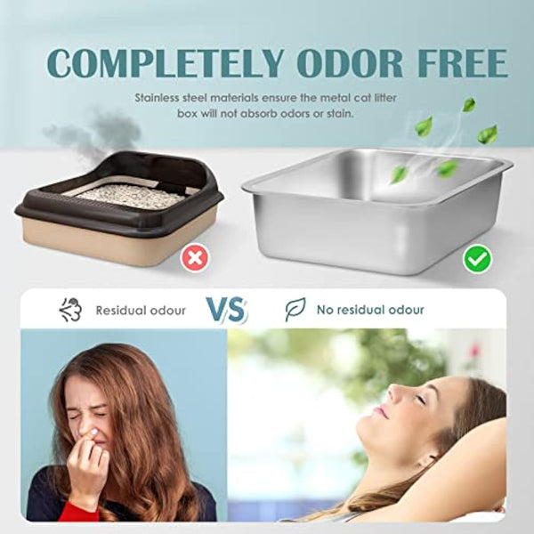 IKITCHEN Stainless Steel Cat Litter Box, Large Metal Litter Pan for Cats Rabbits, Never Absorbs Odors,Stain Free, Rustproof, Non Stick Smooth Surface, Anti-slip Rubber Bottom, 19.5"L x 13.5"W x 4"H