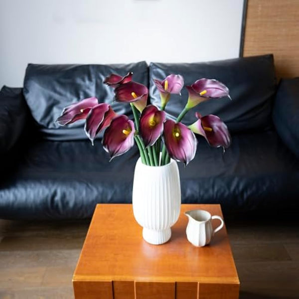 DUYONE 5 Pcs Large Artificial Calla Lily Flowers 25.6'' Long Stem Real Touch Latex Bouquet for Wedding Bridal Bouquet Room Office Party Home Decor Floral Arrangements(Purple 5pcs)