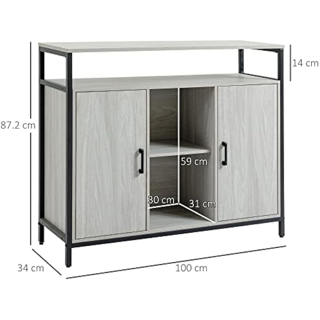 HOMCOM Modern Sideboard, Steel Frame Storage Cabinet with 2 Doors and Adjustable Shelves for Living Room, Hallway, Light Grey
