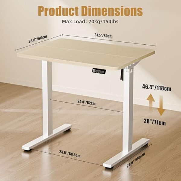 ERGOMAKER Electric Small Standing Desk 80x60cm Height Adjustable Desk, Sit Stand Desk with Memory Handse and Hooks, for Home Office (White Frame + Gold Oak Desktop)