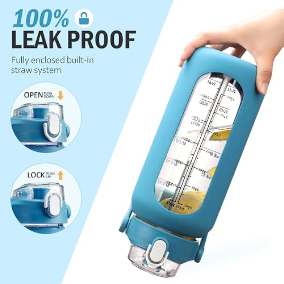 HYDRAGLAZIC 2L Glass Water Bottle with 2 Lids Flip and Chug Lids 2 Liter Large Water Jug with Time Marker and Silicone Sleeve BPA Free Leak-proof for Sports Gym, Blue