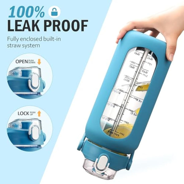 HYDRAGLAZIC 2L Glass Water Bottle with 2 Lids Flip and Chug Lids 2 Liter Large Water Jug with Time Marker and Silicone Sleeve BPA Free Leak-proof for Sports Gym, Blue