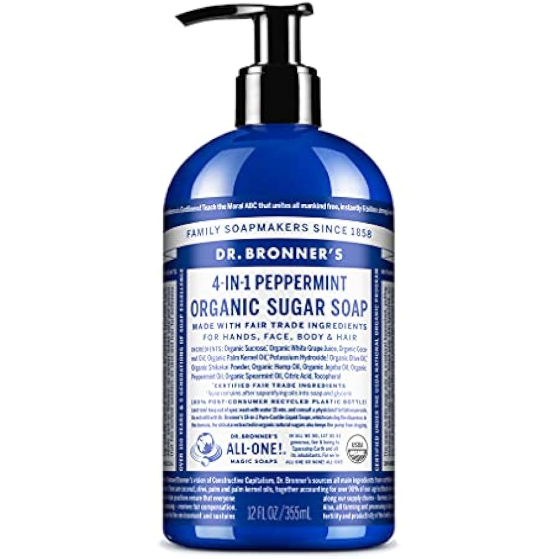 Dr Bronner’s 4-in-1 Organic Peppermint Soap, Made with Organic Oils and Shikakai Powder, For Hands, Body, Face & Hair, Fair Trade Certified & Vegan Friendly, 335ml Recycled Pump Bottle