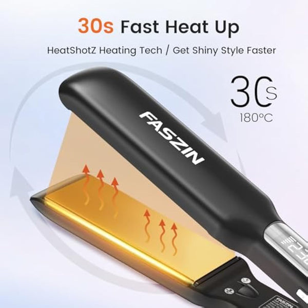 Faszin Professional Hair Straighteners, 42mm Wide-Plate Titanium Negative Ion Flat Iron, 30s Rapid Heating, Real-time Temperature Display, 11 Adjustable Temperature Levels (130-230℃)-Black