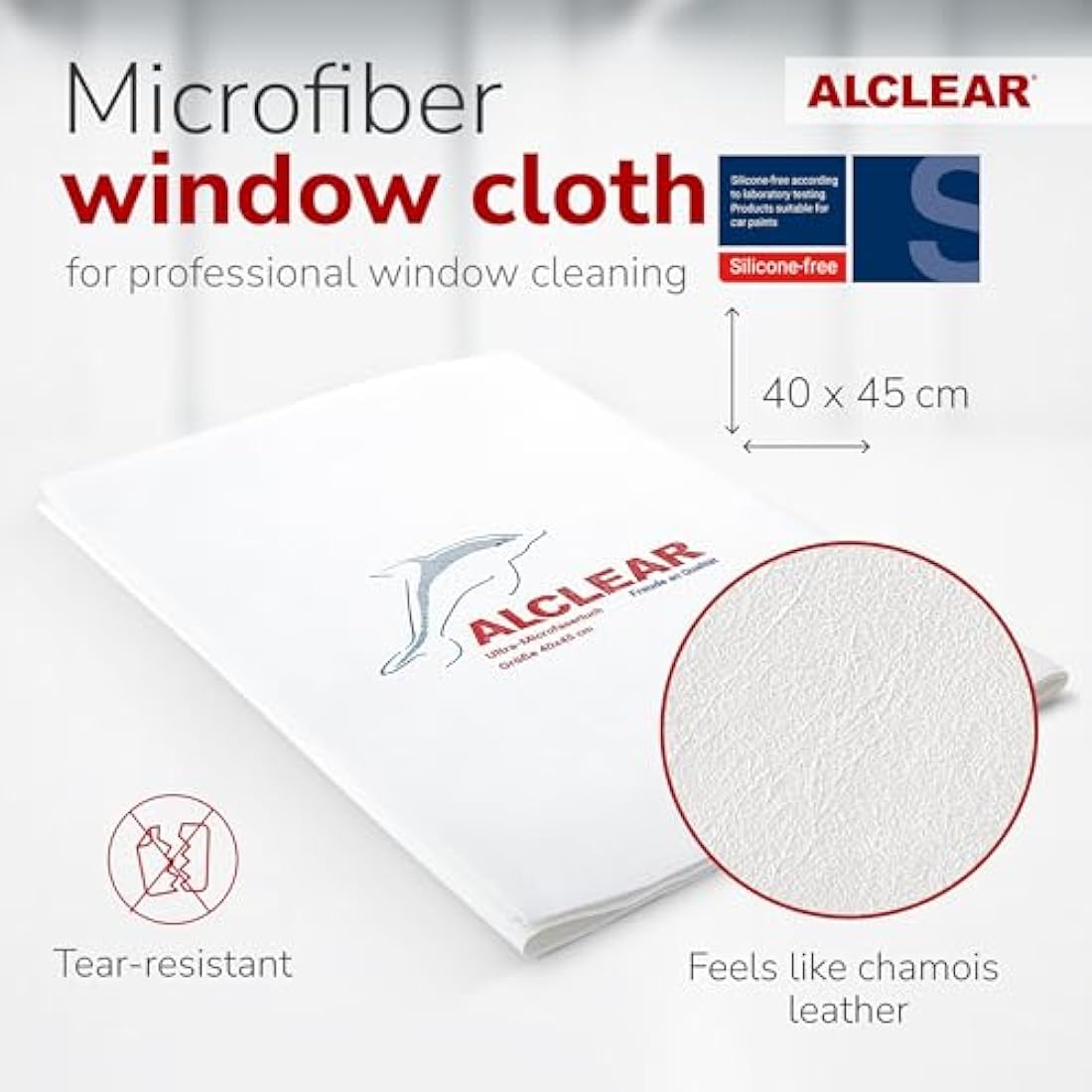 ALCLEAR Microfiber Glass Cloth Set - Pack of 5 Window Cloths 40x45 cm, streak-free glass cloths - lint-free, saves time without drying - designed in Germany - for household & car windows.