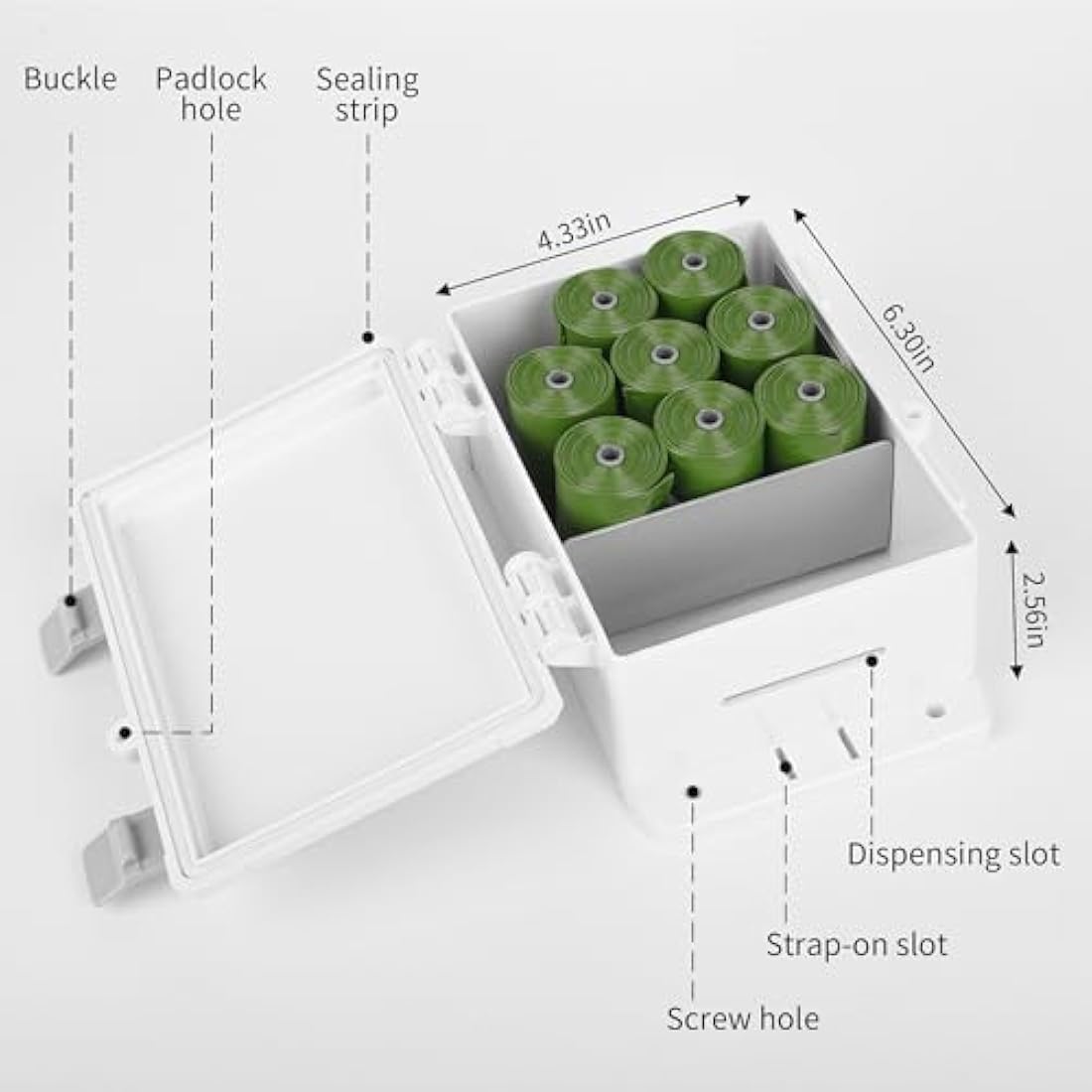 Dog Poop Bag Dispenser, Waterproof Outdoor Dog Bag Dispenser Holds Up to 8 Rolls of Waste bags, Outdoor Wall, Stake, Pole, Fence Mounted (only dispenser)