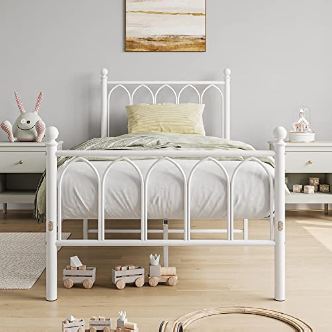 JELUTE Single Metal Bed Frame 90 x x190 cm with Headboard and Footboard Heavy Duty Foundation,Metal Slat Support, White
