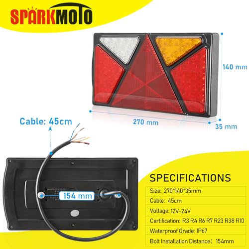 SPARKMOTO 2 x LED Combination Trailer Rear Lights, 7 Functions Submersible LED Tail Lights For Trailer Lorry Caravan Truck Tractor,12V 24V Dual