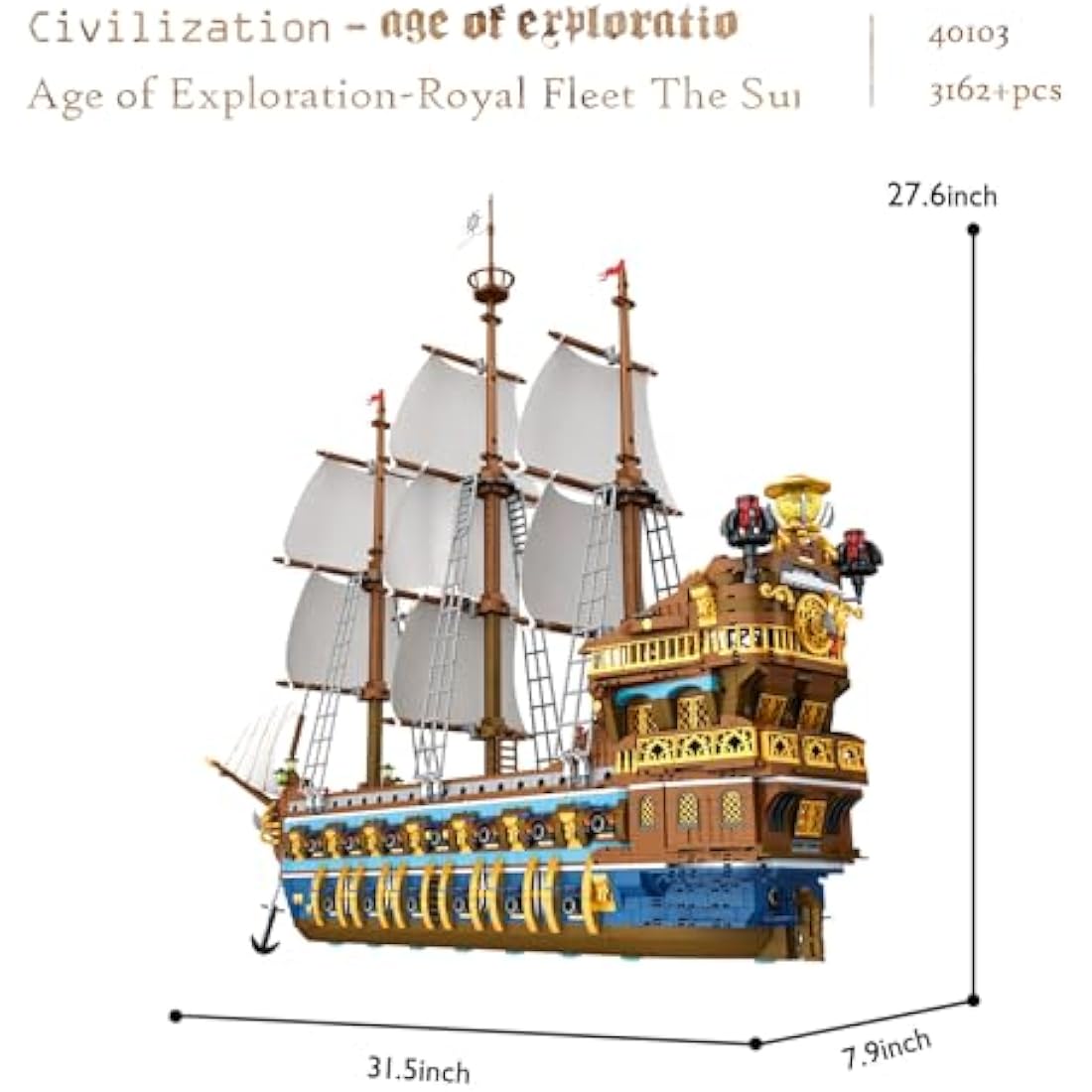 JMBricklayer Pirate Ship Building Blocks Sets, Gorgeous Royal Fleet Model with Tiered Design, 40103 Sail Boats Toys Kits Collection, Gifts for Adults Boys Kids 14+ (3162Pcs)