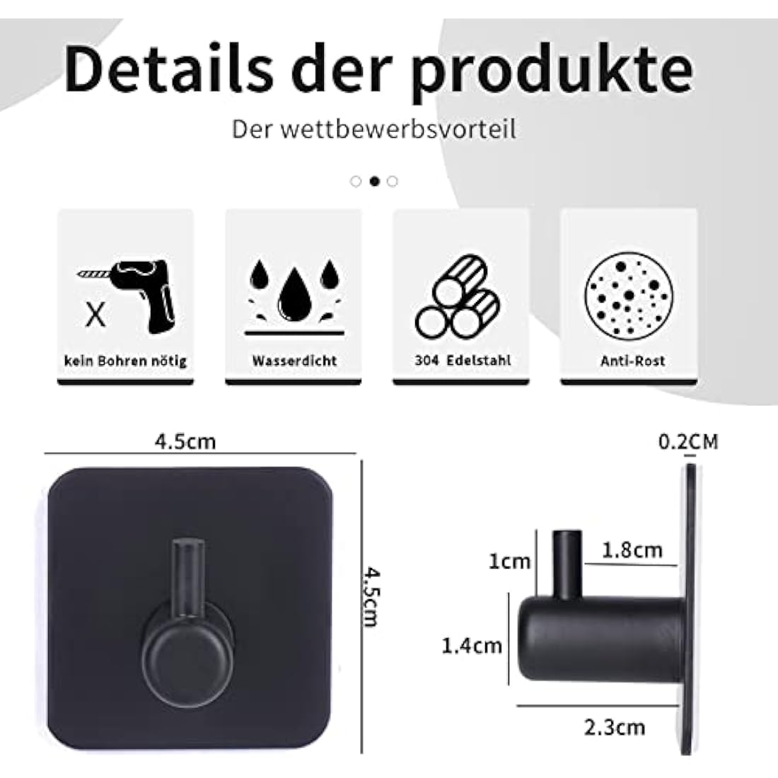 JS Self Adhesive Hooks - Stick on Hooks Holder for Tea Towel, Robe, Coat, Kitchen, Bathrooms - Stainless Steel, Waterproof, Rustproof - Black 6pack