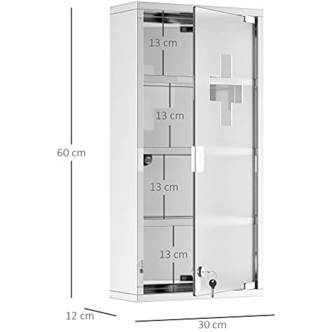 HOMCOM 4 Tier Stainless Steel Wall Mounted Medicine Cabinet Glass Lockable Door Storage Shelves Houseware Bathroom Furniture 60Hx30Wx12D(cm) w/2 Keys
