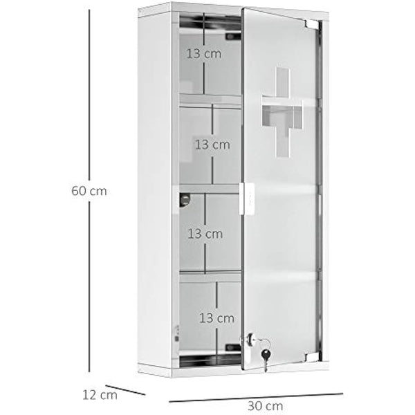 HOMCOM 4 Tier Stainless Steel Wall Mounted Medicine Cabinet Glass Lockable Door Storage Shelves Houseware Bathroom Furniture 60Hx30Wx12D(cm) w/2 Keys
