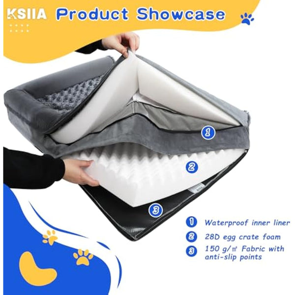 KSIIA Extra Large Dog Bed, XXL Orthopedic Dog Sofa Bed with Removable Washable Cover, Waterproof, U-Shape Bolster, Grey 121x76x18cm