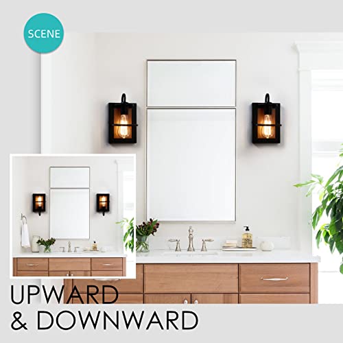 Farmhouse Wall Sconces Lamp Set of Two,Modern Industrial Wall Sconces Lighting Indoor with E26 Base Faux-Wood Color Matte Black Finish,Vintage Wall