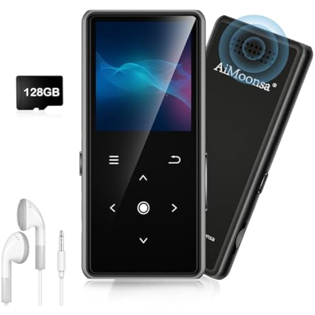 128GB MP3 Player with Bluetooth 5.2, AiMoonsa Music Player with Built-in HD Speaker, FM Radio, Voice Recorder, HiFi Sound, E-Book Function, Earphones Included