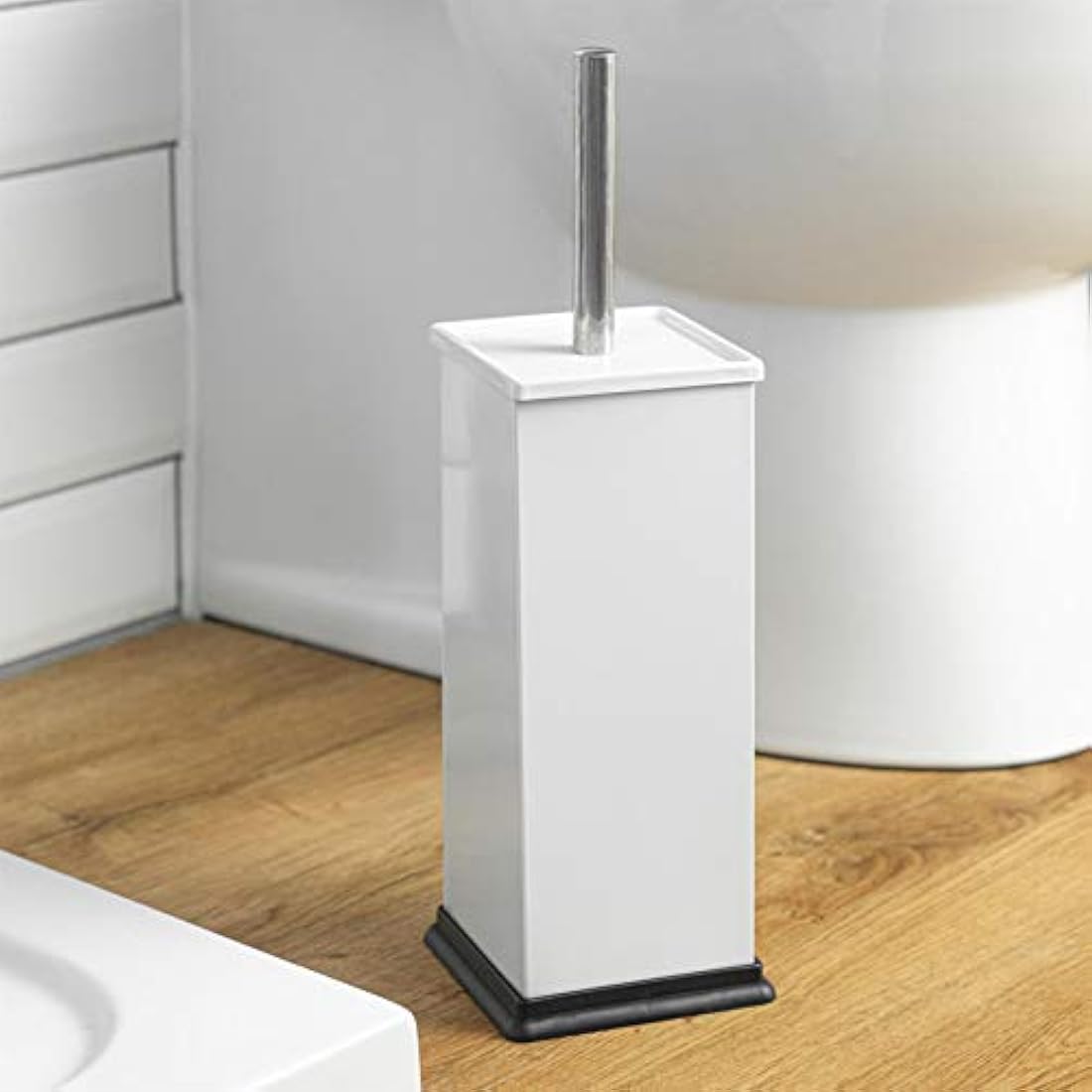 Harbour Housewares Bathroom Bin & Brush Set - White - 2pc Square Stainless Steel Pedal Bin & Toilet Brush Set Slim Small Trashcan for Kitchen Waste, Bathroom Rubbish