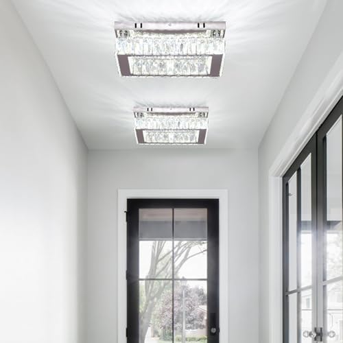 Finktonglan LED Crystal Chandelier Modern Rectangular Ceiling Lamp K9 Stainless Steel Flush Mount Ceiling Lights Fixture Chandelier for Dining Room Living Room Bedroom (Cool White)