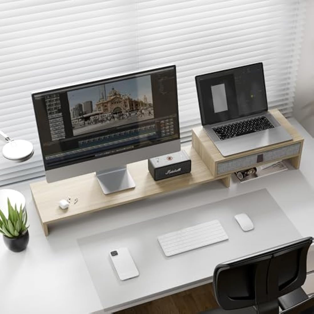 Fenge Dual Monitor Stand With Drawer - 2 Shelf Riser With Adjustable Length and Angle, Wood Stand for 2 Monitors, Laptop PC, Computer, Printer, Desktop Organizer, Oak