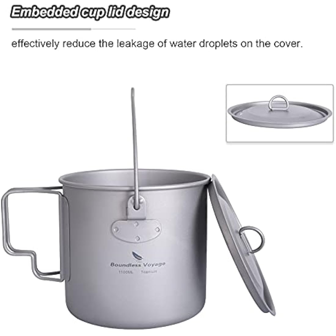 iBasingo 1100ml Titanium Mug Camping Cup Tea Coffee Water Pot with Lid Ultralight Outdoor Travel Tableware with Foldable Handle Picnic Backpacking Trekking Portable Drinkware Survival Gear Ti3041D