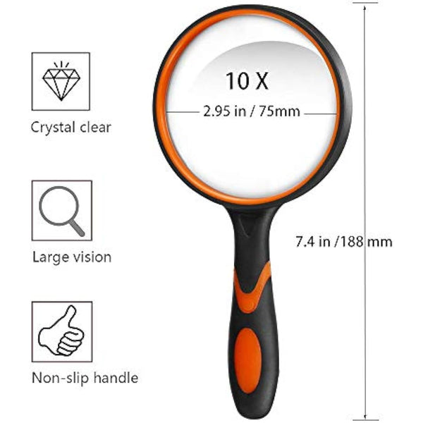 Magnifying Glass 10X, Handheld Reading Magnifier with Non-Slip Soft Rubber Handle, 75mm Magnifying Lens, Shatterproof Magnifying Mirror Reading Books, Inspection, Insects(Green/Orange)