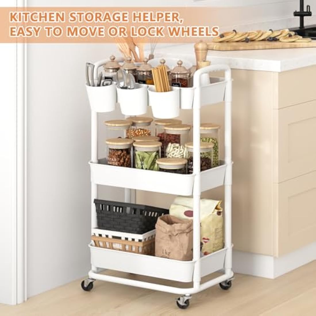JIUYOTREE 3-Tier Plastic Rolling Storage Cart Utility Cart with Extra Hanging Cups Handles Lockable Wheels for Living Room Bathroom Kitchen Office White