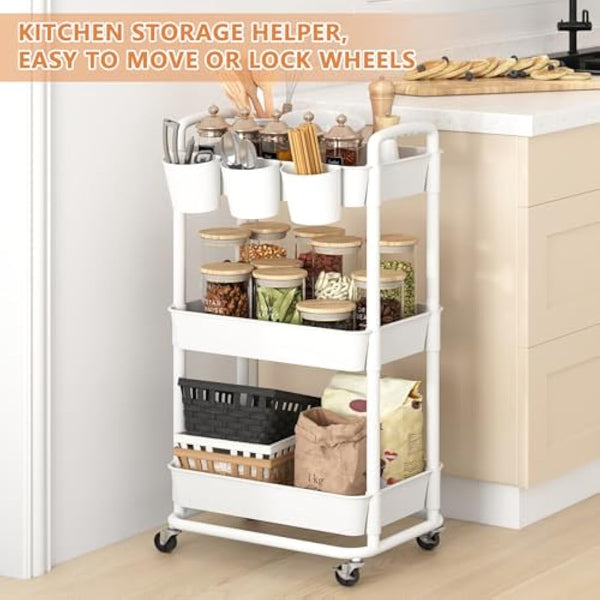 JIUYOTREE 3-Tier Plastic Rolling Storage Cart Utility Cart with Extra Hanging Cups Handles Lockable Wheels for Living Room Bathroom Kitchen Office White