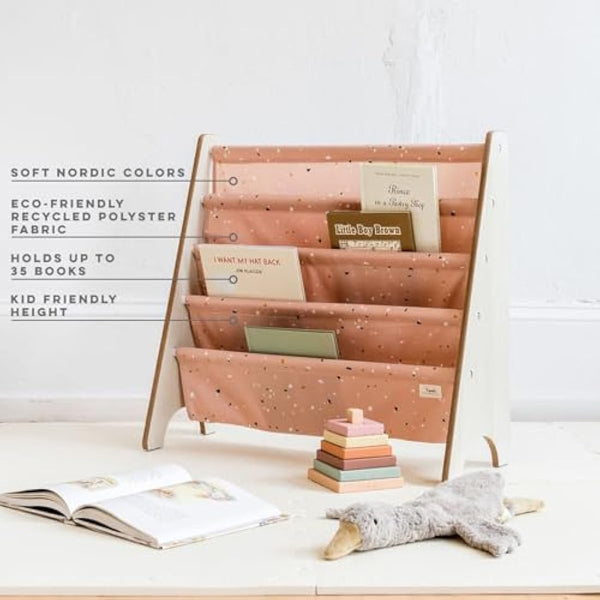 3 Sprouts Recycled Fabric Kids Bookshelf – 4-Tier Sling Book Rack Storage - Kids Room Book Shelves, Nursery, Playroom, Classroom - Bookcase Display Shelf for Toddler, Children Age 3+ - Terrazzo Clay