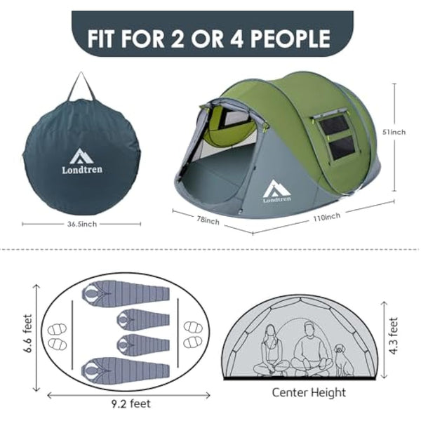 4 Person Easy Pop Up Tent Waterproof Automatic Setup 2 Doors-Instant Family Tents for Camping Hiking & Traveling