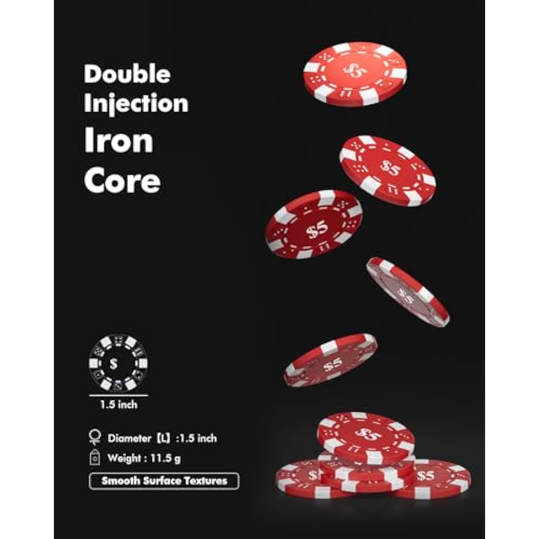 HEITOK Poker Chips with Denominations, 600-pcs 11.5g Weighted Numbered Casino Chips Set, 2 Decks with Compact Aluminum Case for Texas Hold'em, Blackjack