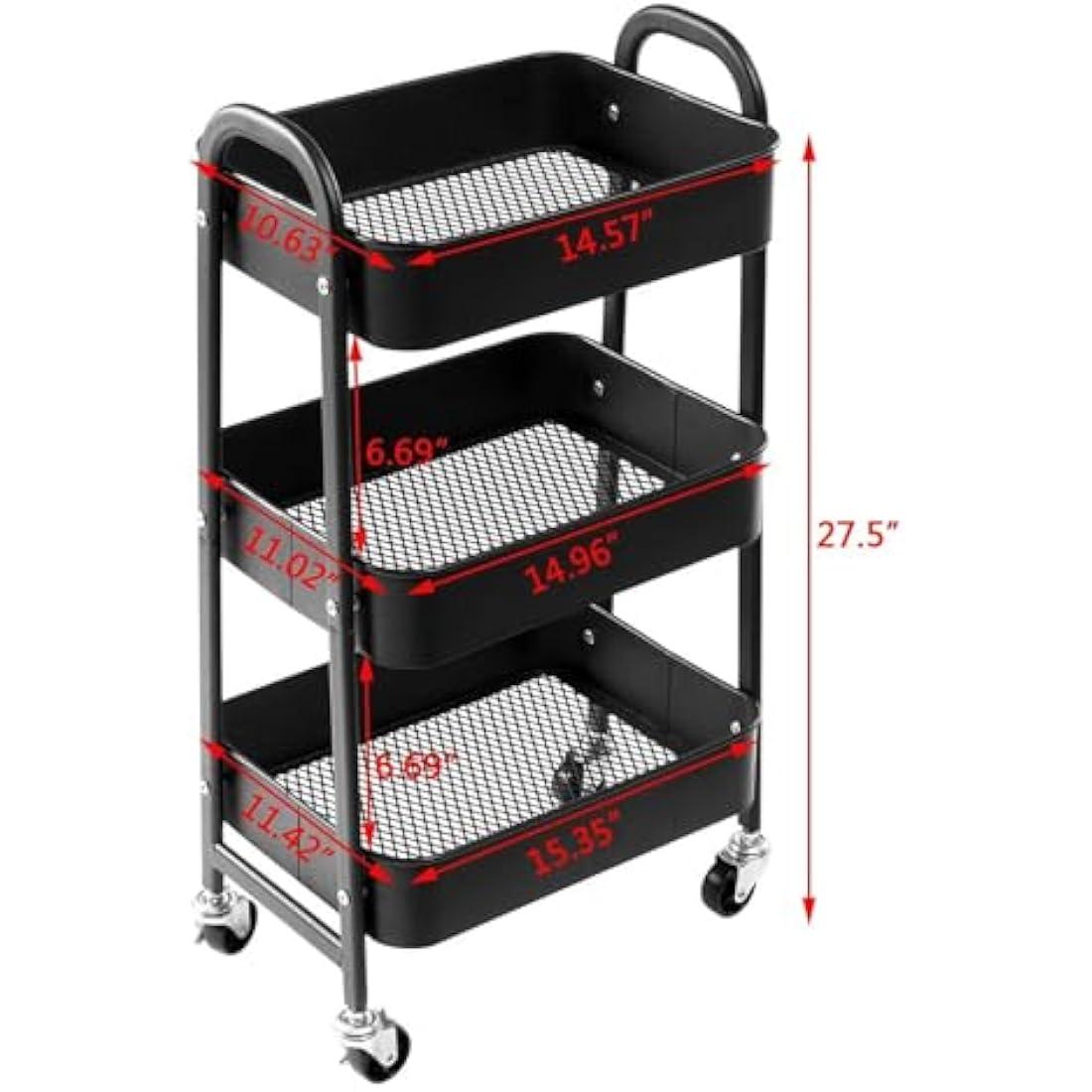 DOEWORKS Storage Trolley on Wheels Metal 3 Tier Trolley Cart Kitchen Trolley Craft Trolleys Beauty Trolleys Rolling Storage Utility Cart for Books Room Bathroom Office, Black
