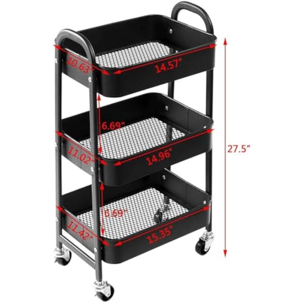 DOEWORKS Storage Trolley on Wheels Metal 3 Tier Trolley Cart Kitchen Trolley Craft Trolleys Beauty Trolleys Rolling Storage Utility Cart for Books Room Bathroom Office, Black