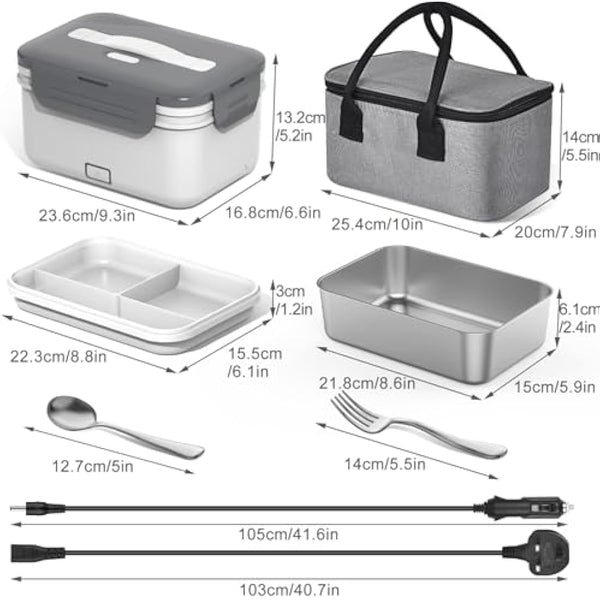 Herrfilk 100W Electric Lunch Box Adults, 1.8L Thermal Lunch Box with Compartments for Fruits, Heated Lunchbox with 230V Home/Office & 12V 24V Car/Truck Cables, Insulated Lunch Bag, Spoon and Fork