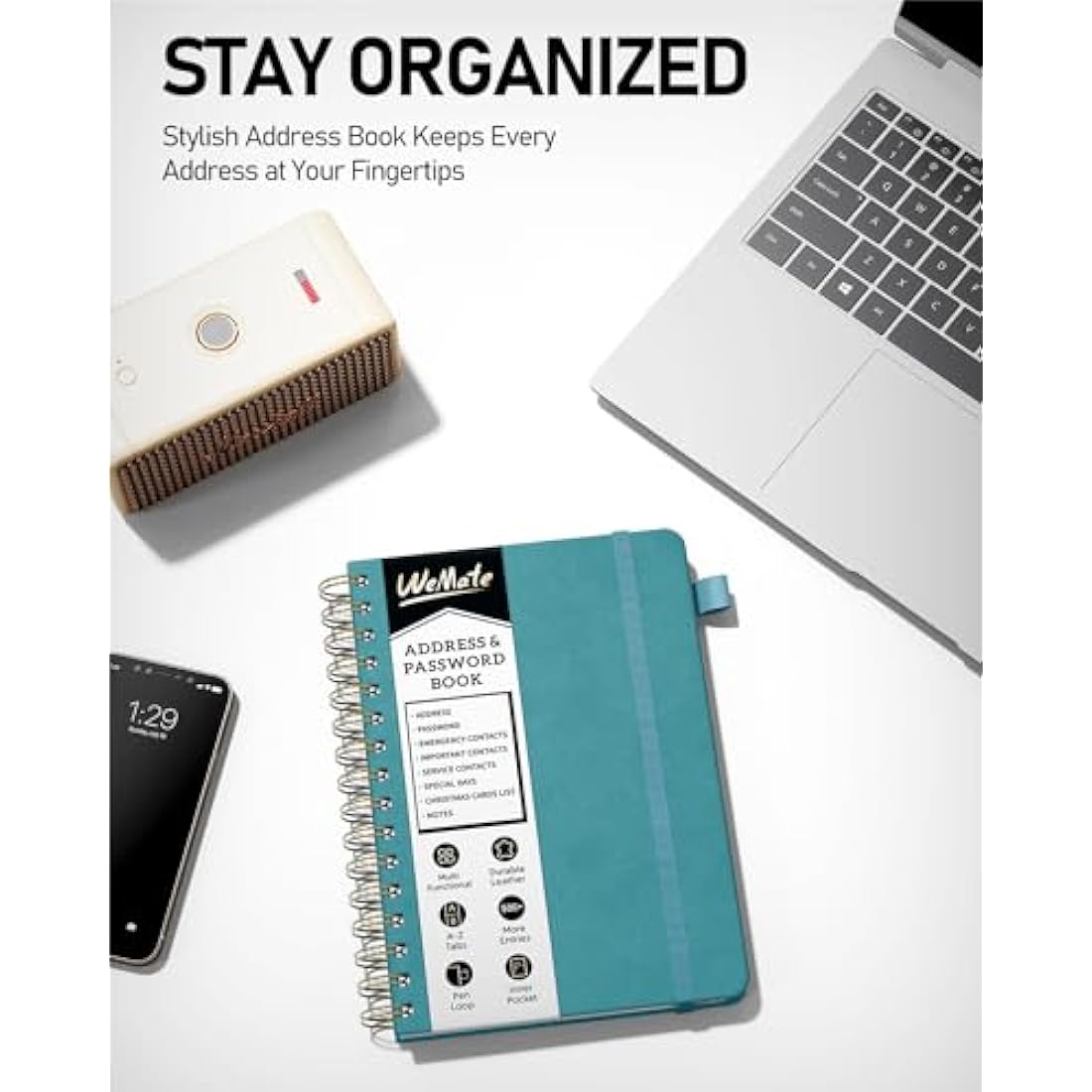 WEMATE Spiral Address Book with Alphabetical Tabs, Leather Password Book, Address Organizer Telephone Notebook Journal Keep Contact Safe Hardcover Large Print for Seniors Home Office 5.8″×8.2″, Green