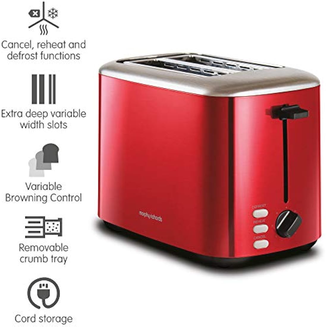 Morphy Richards Equip Red 2 Slice Toaster - Defrost And Reheat Settings - 2 Slot - Stainless Steel - 222066