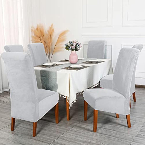 CMAKER Velvet Dining Chair Covers, Stretch Large Chair Slipcovers, Spandex High Back Chairs Cover Elastic Washable Removable XL Chair Protector,Set of ４,Light Gray